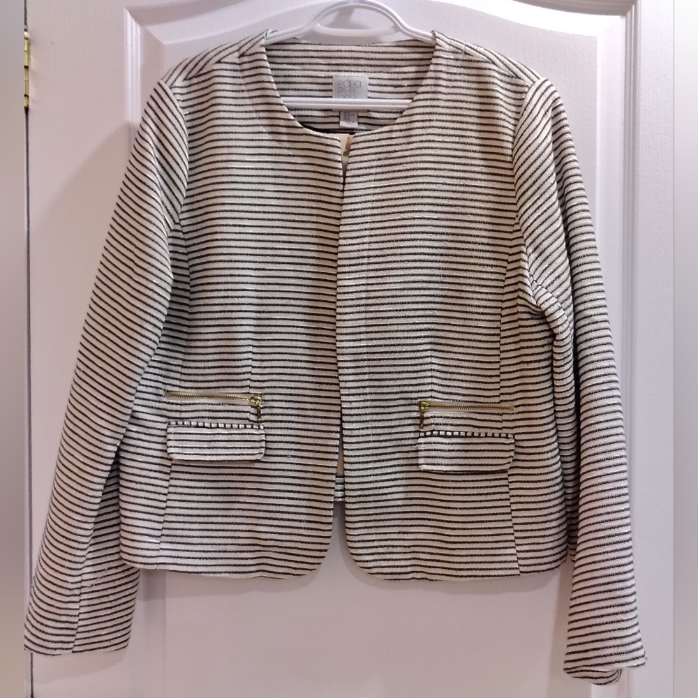 Striped Cream and Black Collarless Open Short Jacket
